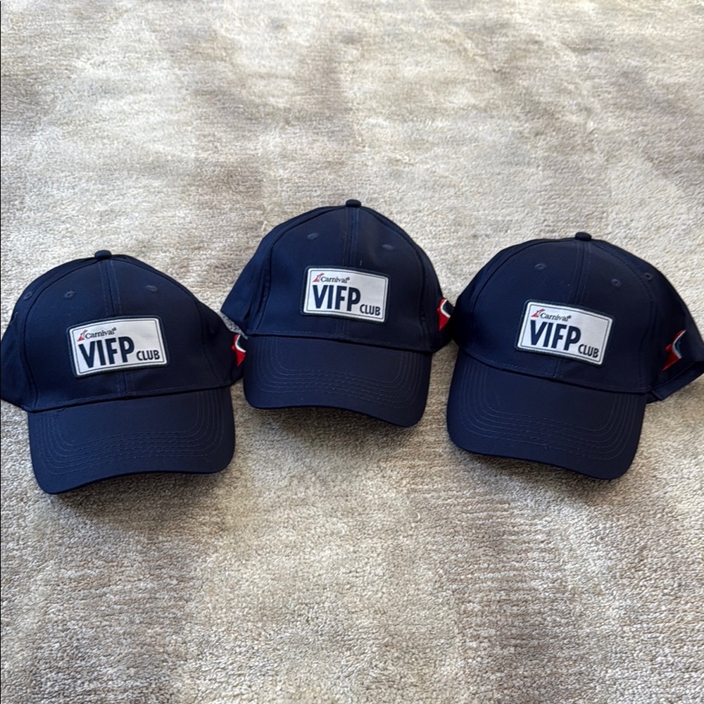 BRAND NEW, Never Worn Carnival Cruise Lines VIFP Club Adjustable Navy Cap Set